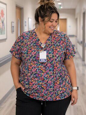440-Floral Scrub Top | Colorful Meadow Print | Vibrant Workwear Aestthetic NWOT